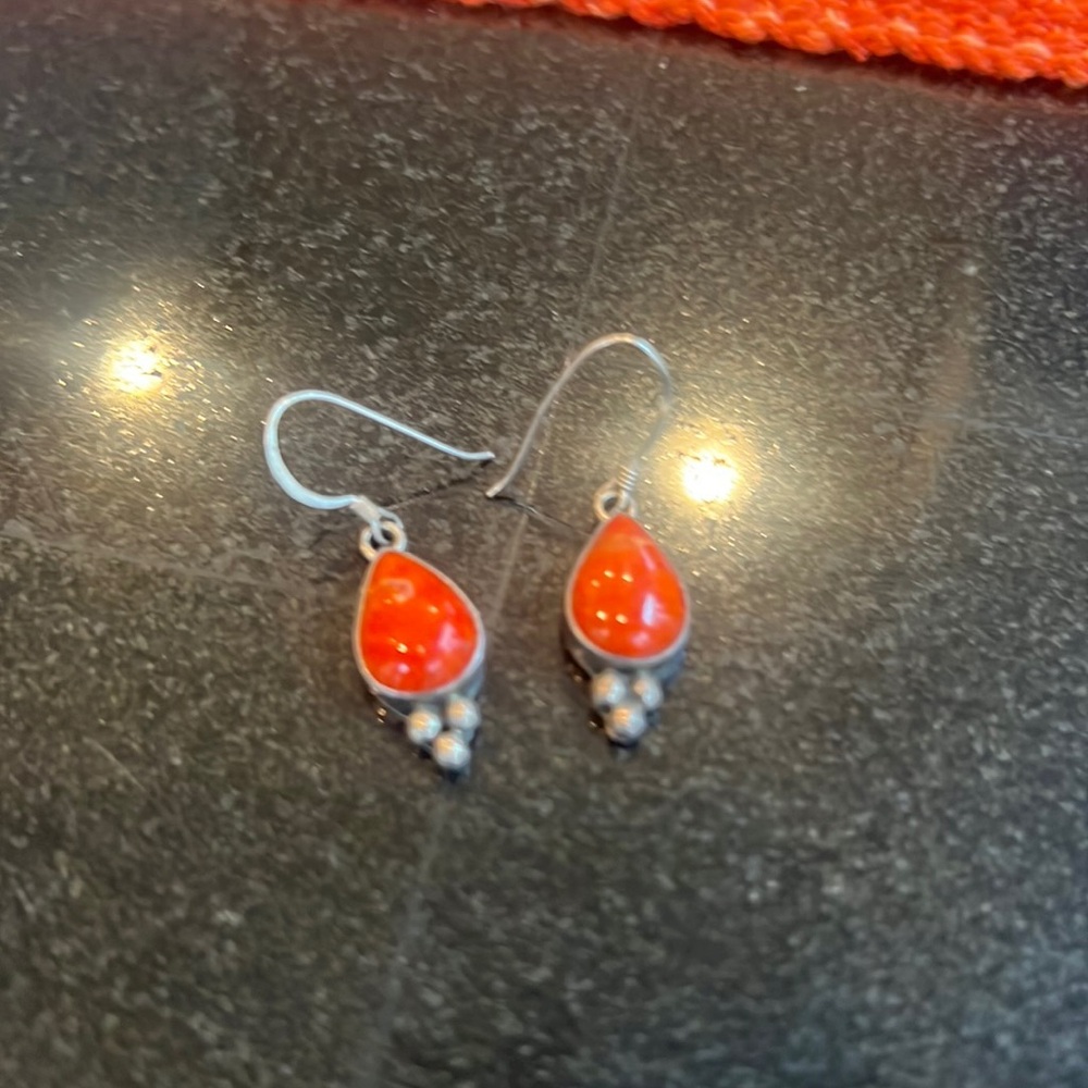 Tribal Afghan Amber Cabochons w Sterling Wire and Bead Dangle Earrings